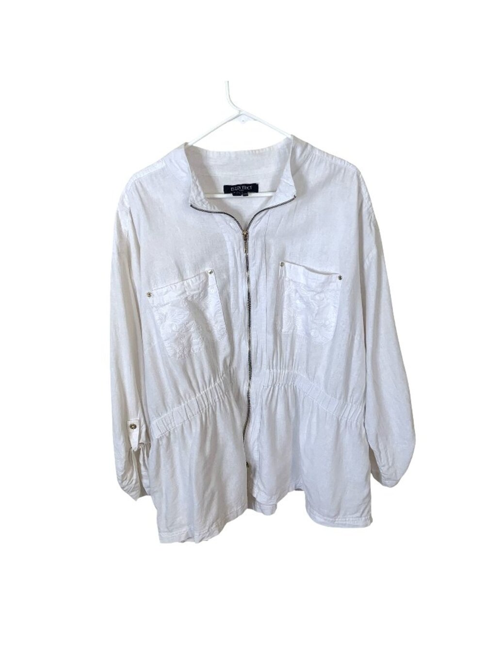 Ellen Tracy Womens Jacket White Linen Embroidered Zip Up 3X Embroidered Travel